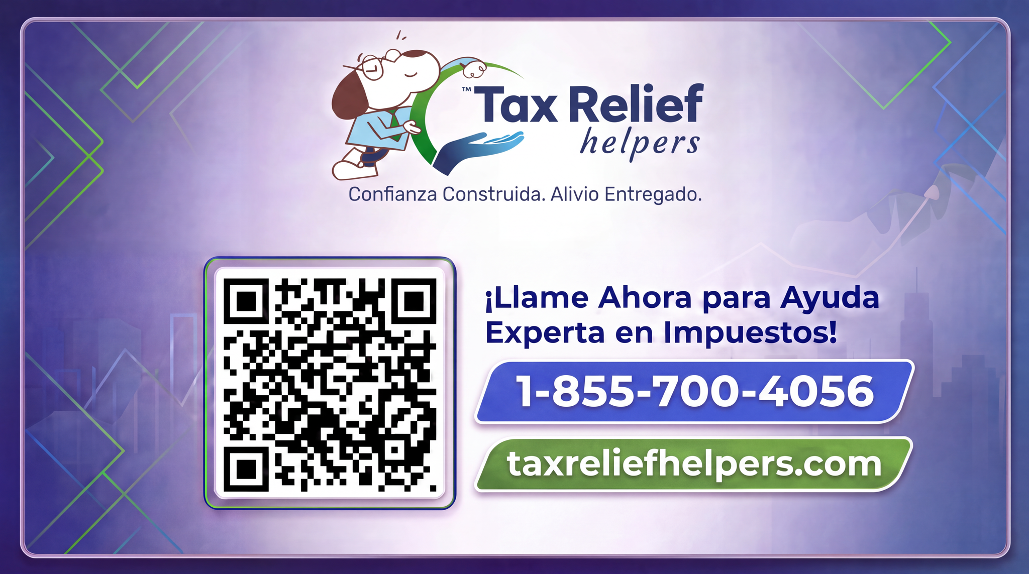 Tax Relief Helpers advertisement with contact information and a QR code for inquiries