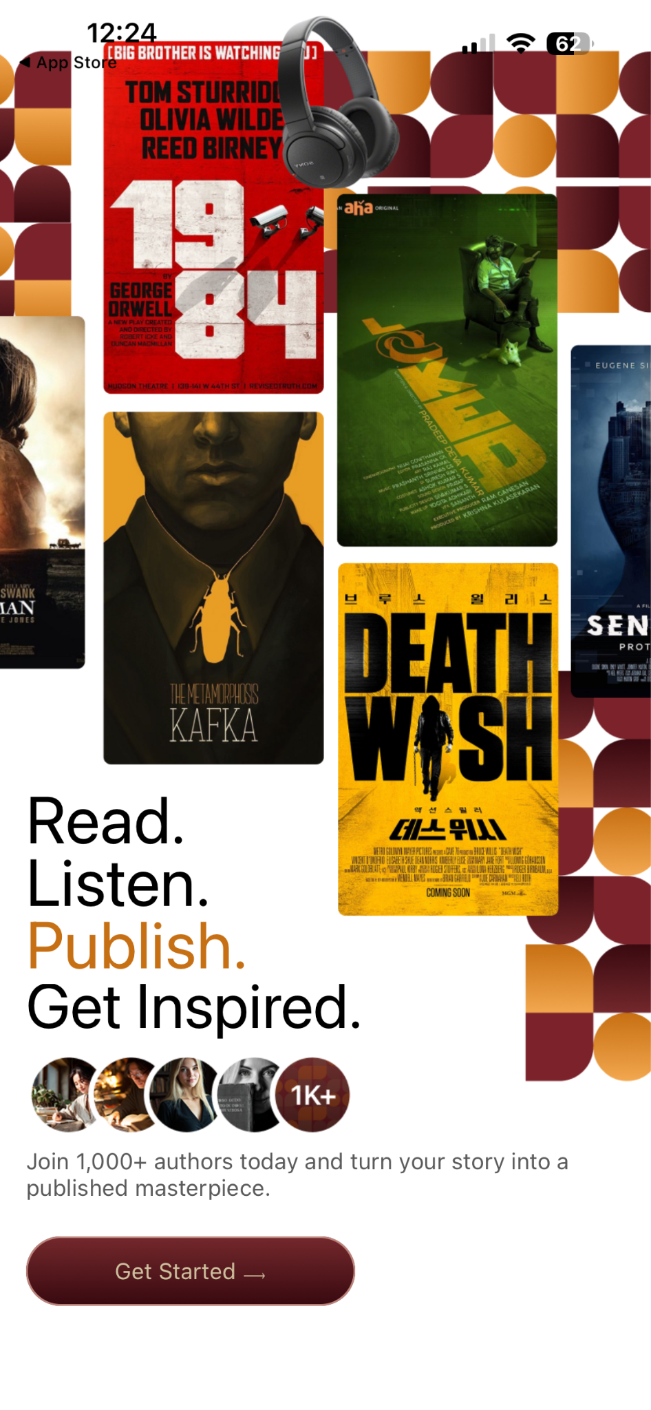 App interface featuring book covers, a headset, and a call to action to publish.