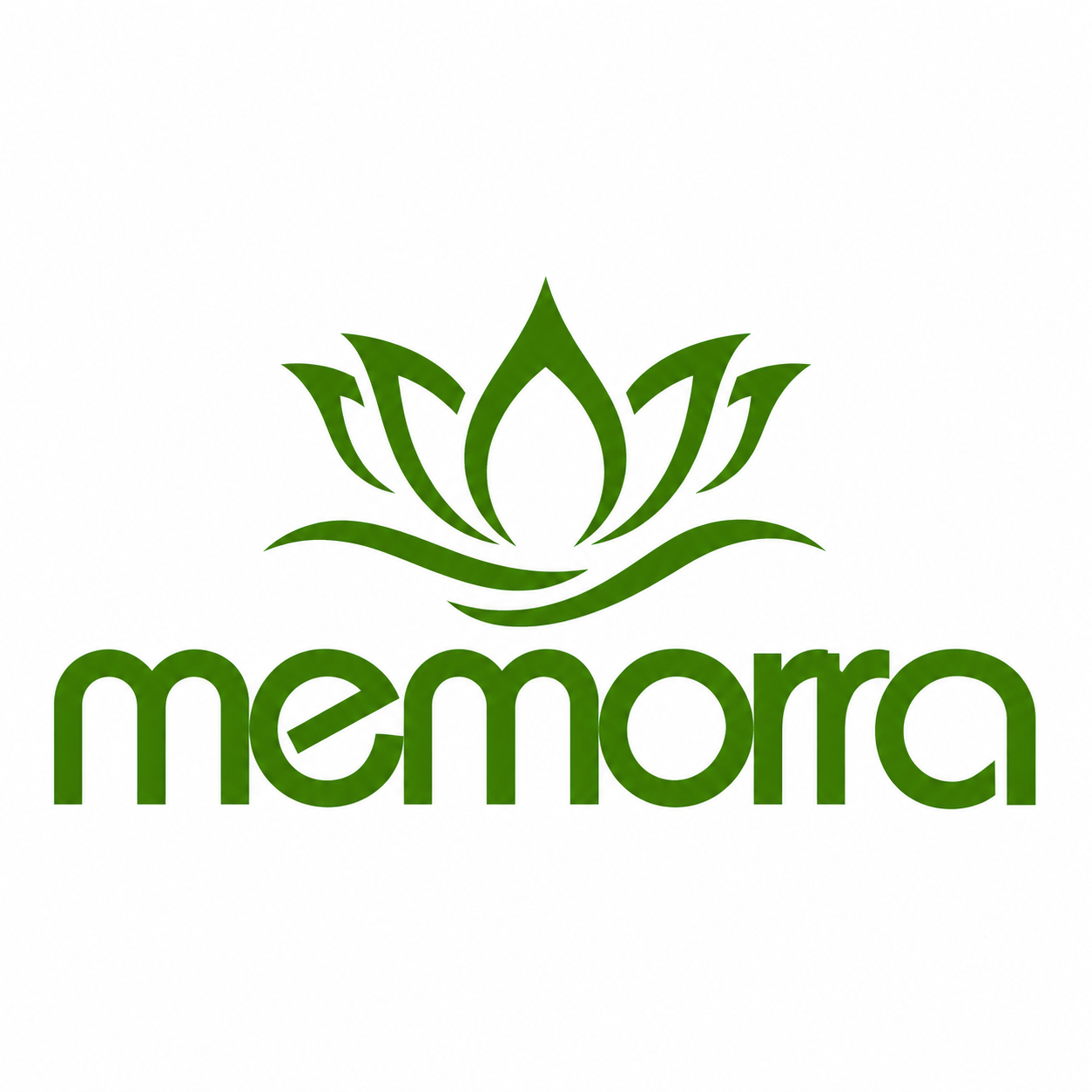 Green logo featuring a lotus flower above the word "memorra" in lowercase letters
