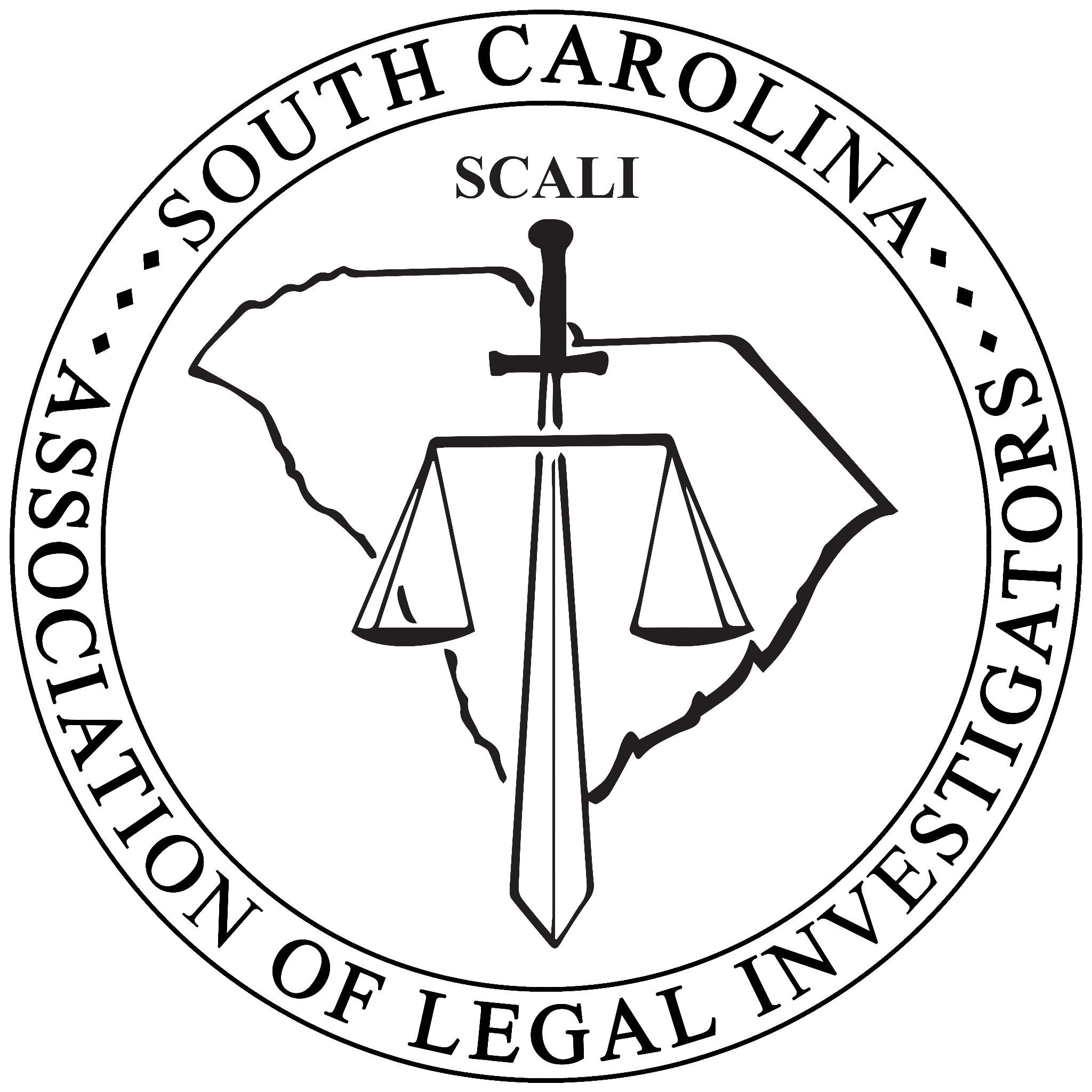 Logo of the South Carolina Association of Legal Investigators featuring a sword and scales.