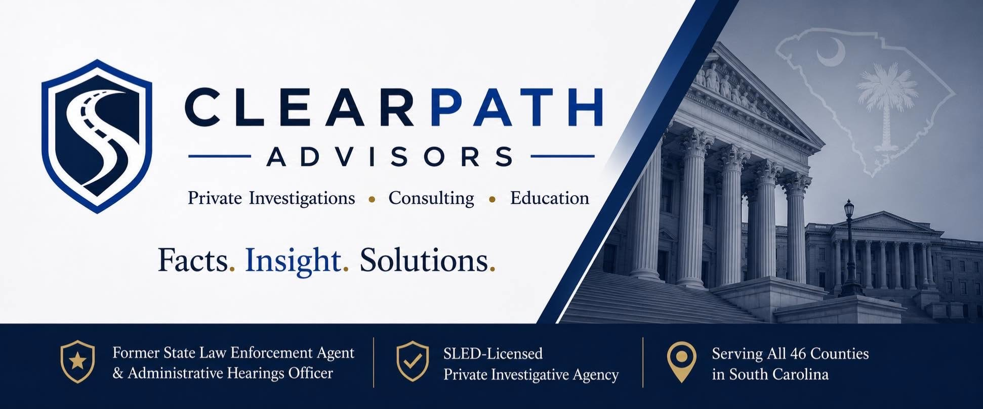 Logo and banner for ClearPath Advisors, emphasizing private investigations and consulting in South Carolina