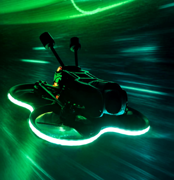 A futuristic underwater drone with green lights gliding through dark waters