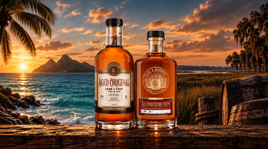 Two bottles of rum on a wooden surface with a tropical sunset in the background