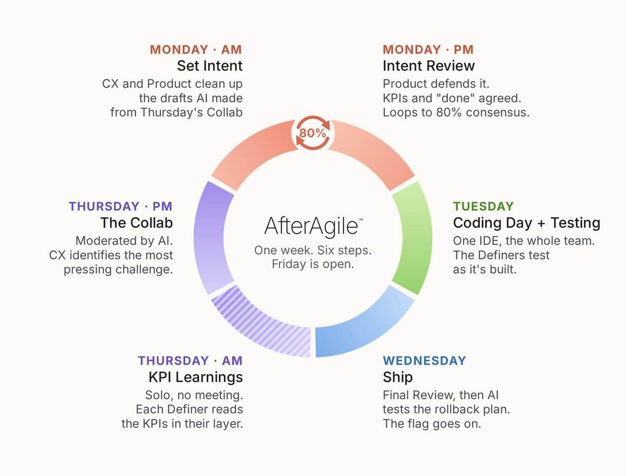 Flowchart of AfterAgile process with key activities and days outlined for a week