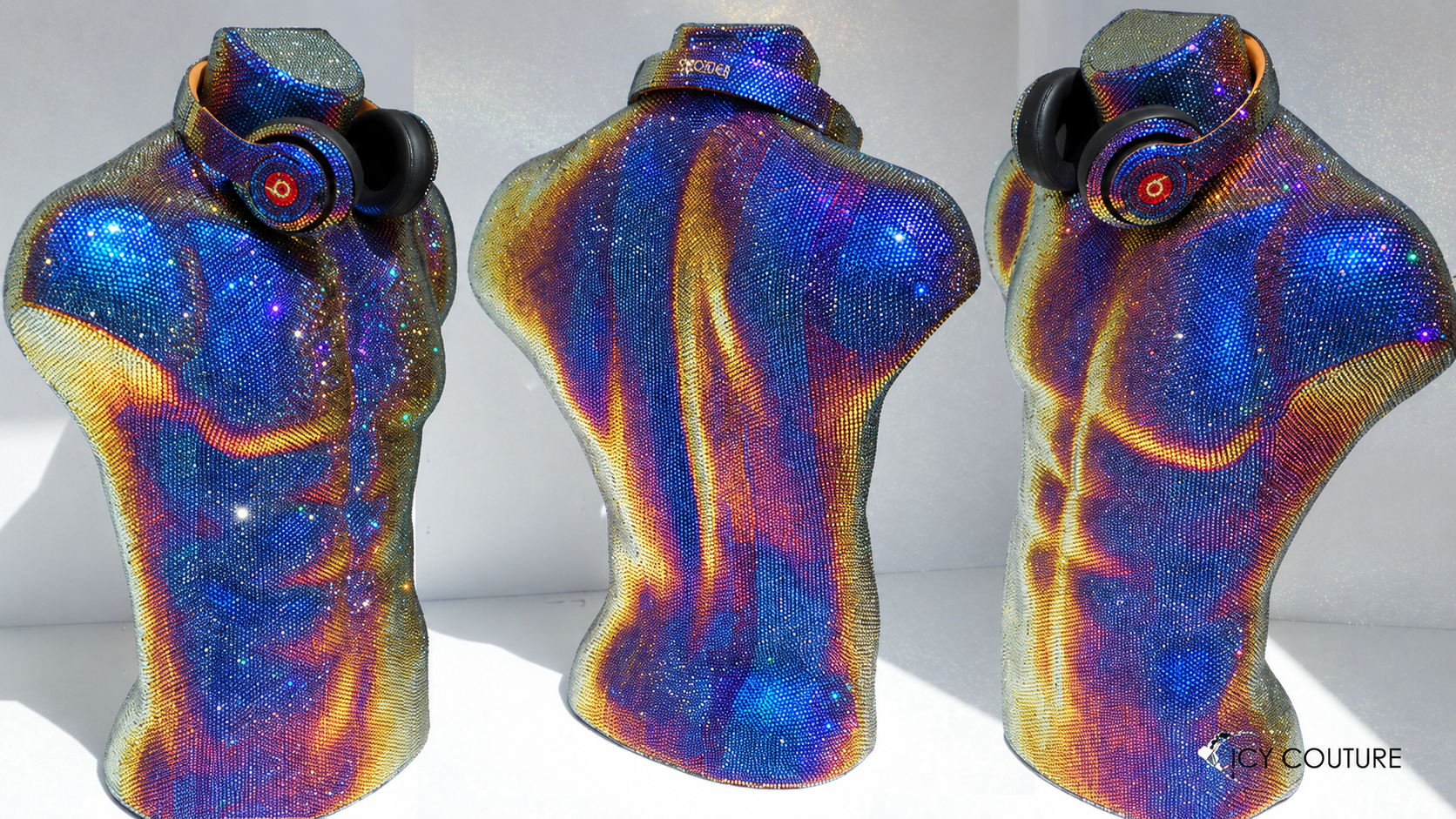 A shimmering, crystalline mannequin torso adorned with headphones and colorful, sparkling design.