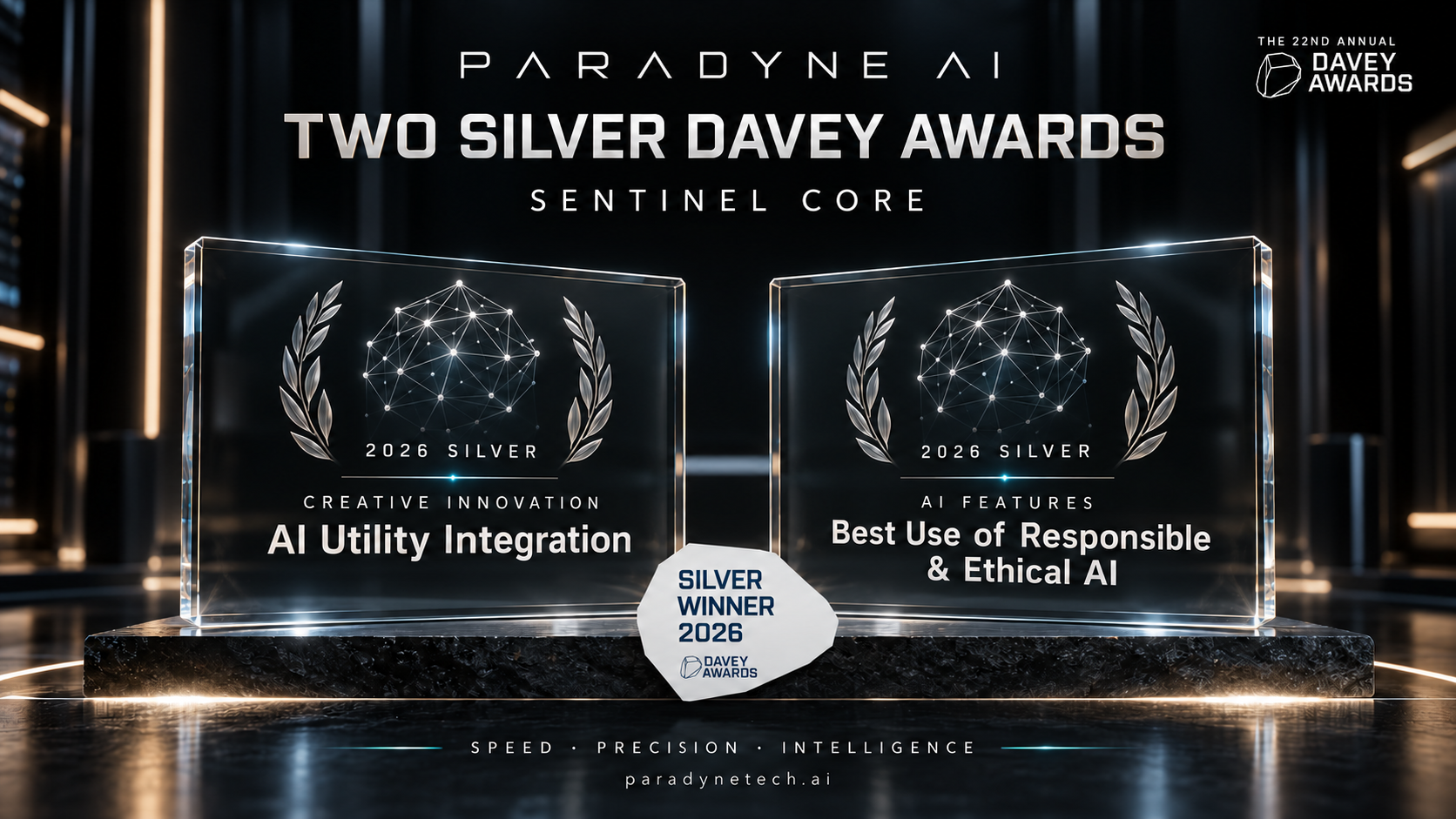 Awards display for Paradyne AI’s Sentinel Core, featuring two silver Davey Awards.