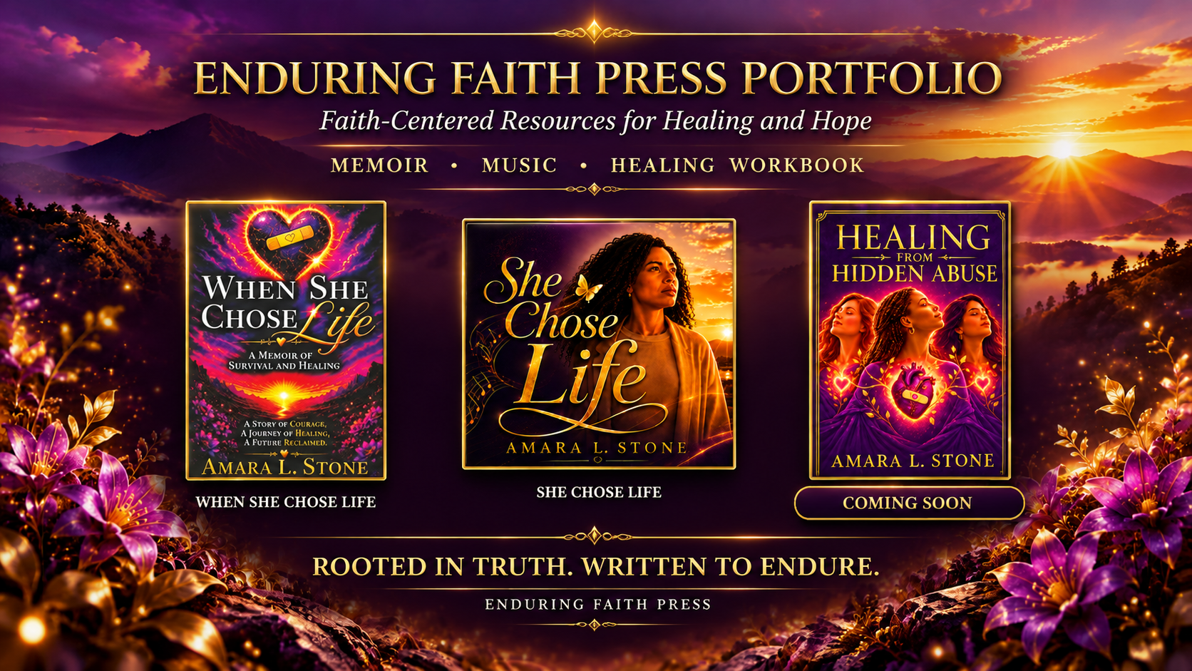 Promotional graphic for Enduring Faith Press featuring books and a scenic background