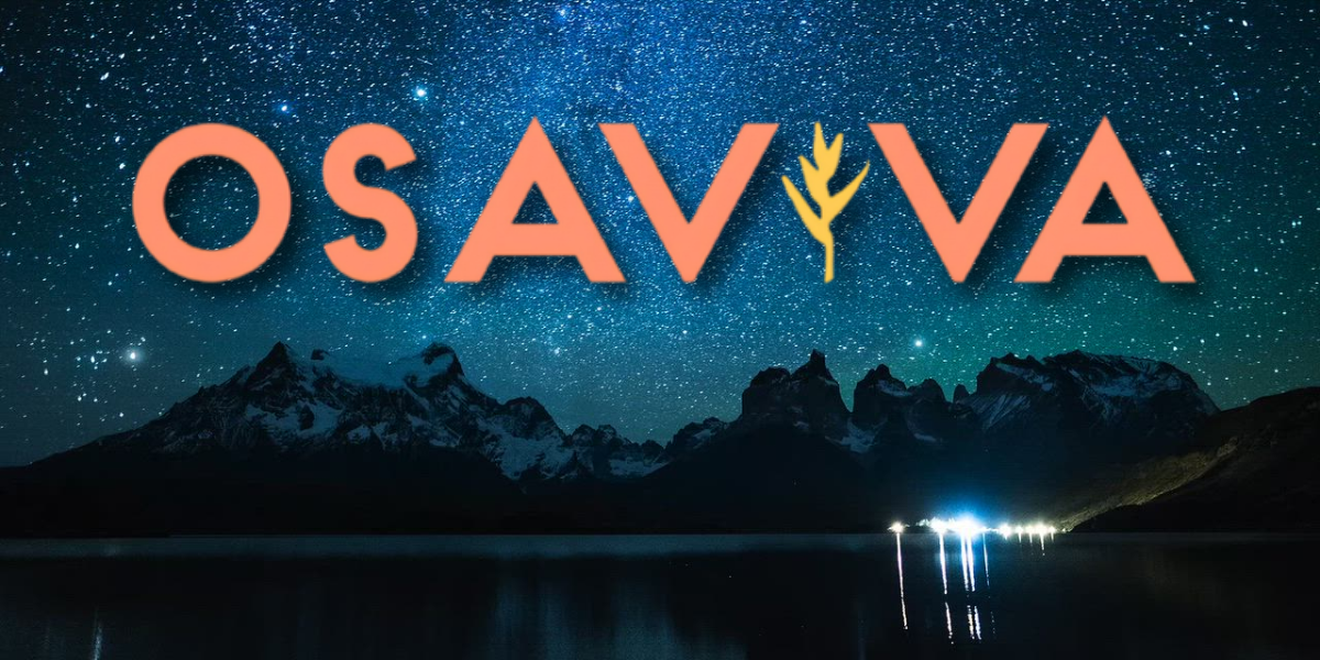 Starry night sky over mountains with "OSAVIVA" text overlay in orange
