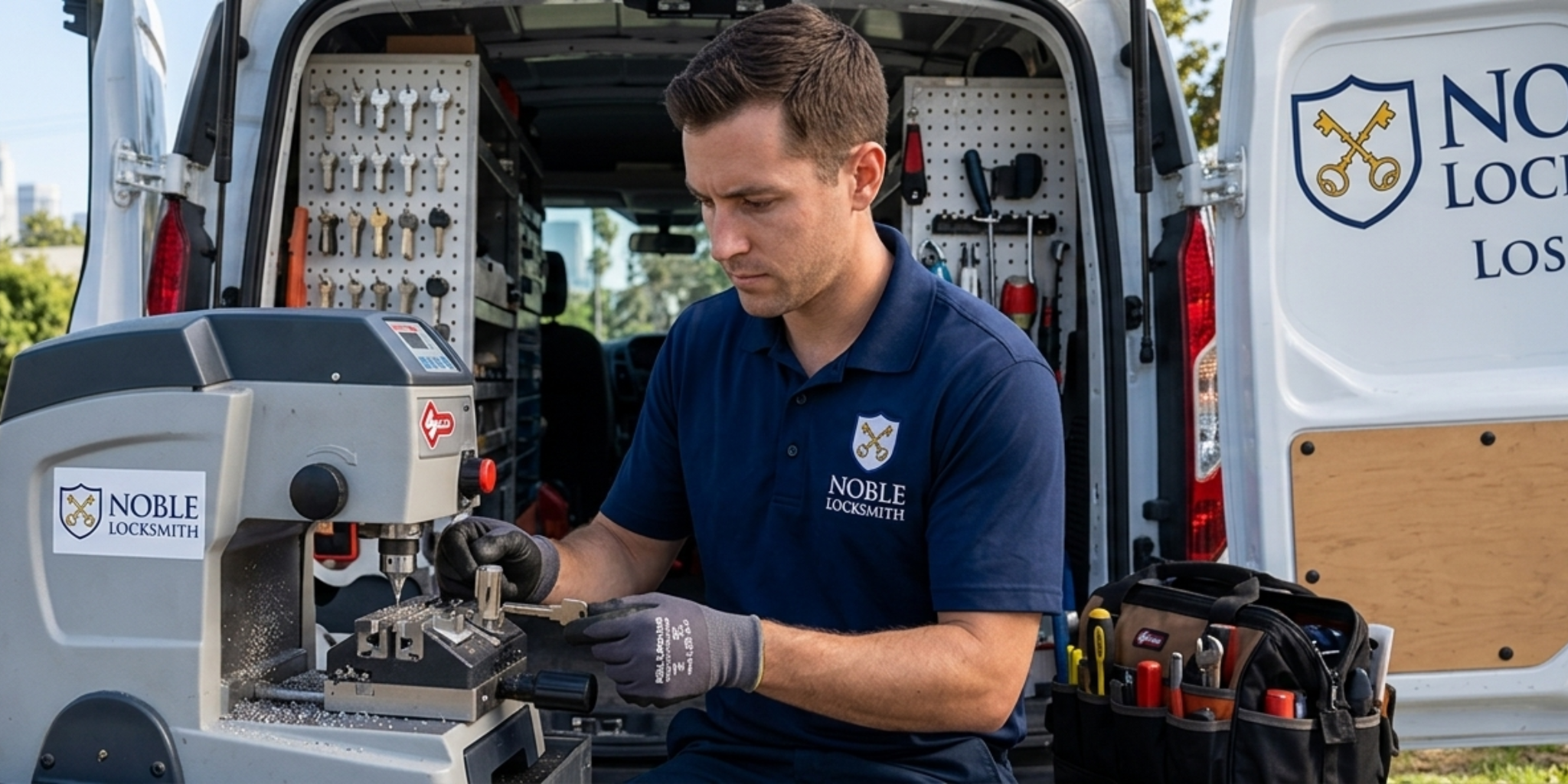A locksmith works on a key cutting machine outside a service van