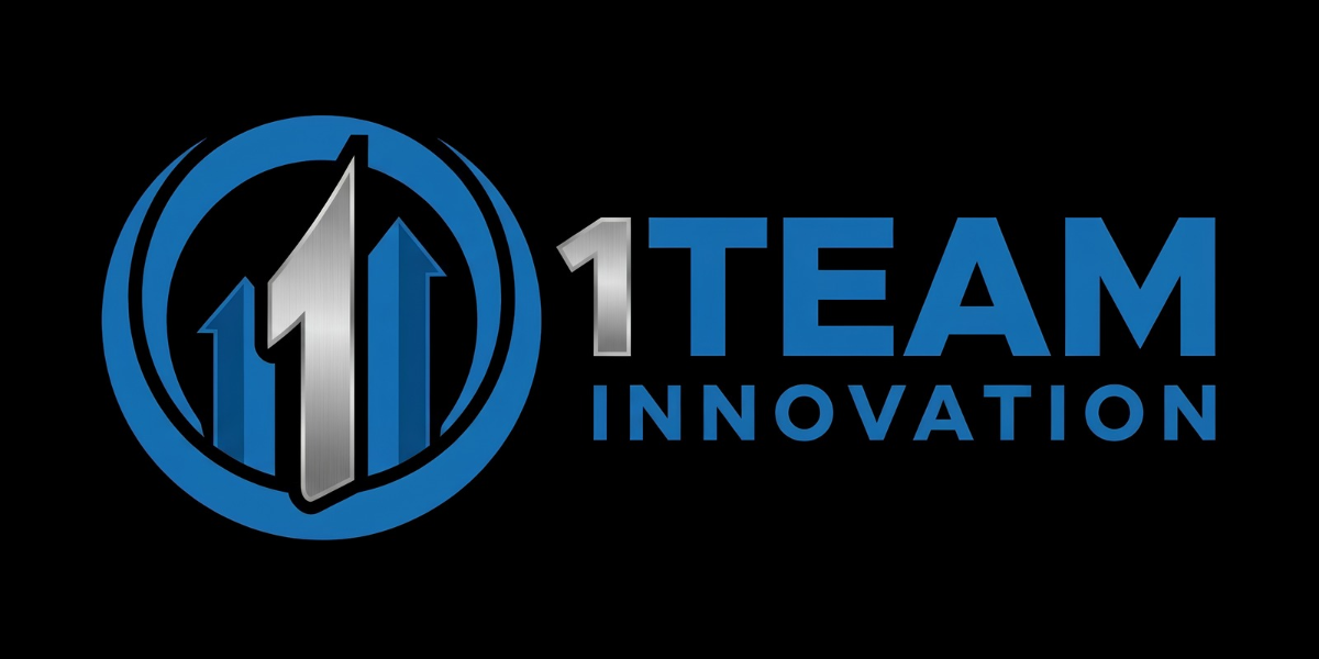 Logo for 1Team Innovation featuring a blue and silver color scheme with an upward arrow design