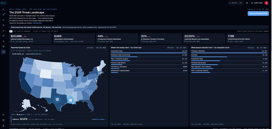 Interactive map showing threat landscape data across the United States with statistics and categories