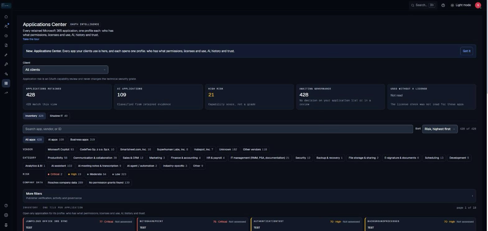 Dashboard screenshot displaying application statistics, client information, and alerts overview