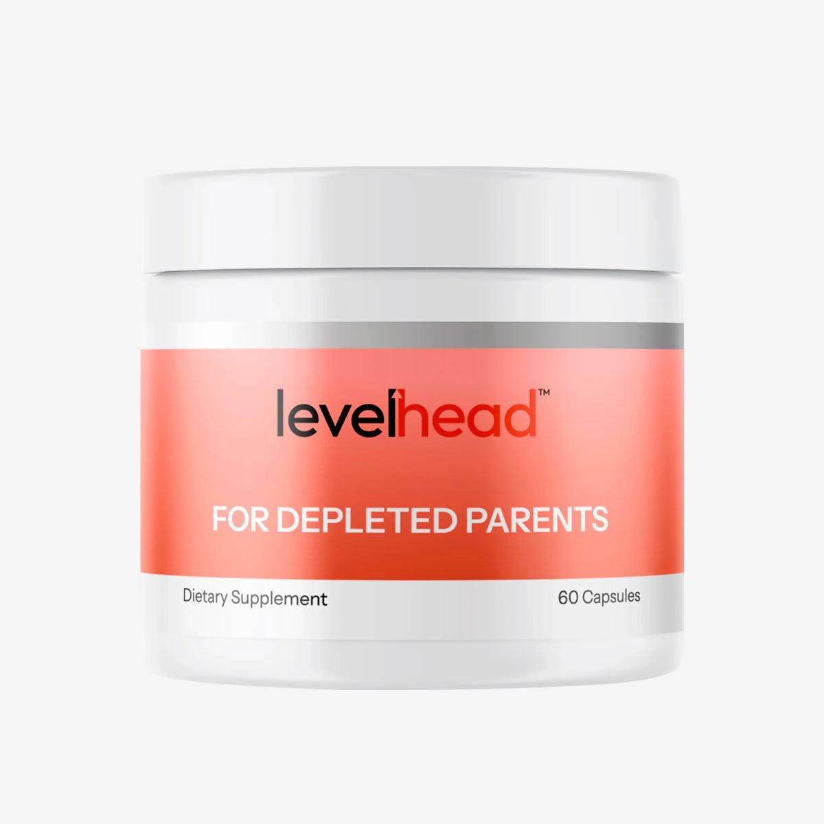 Container of levelhead dietary supplement for depleted parents with 60 capsules inside