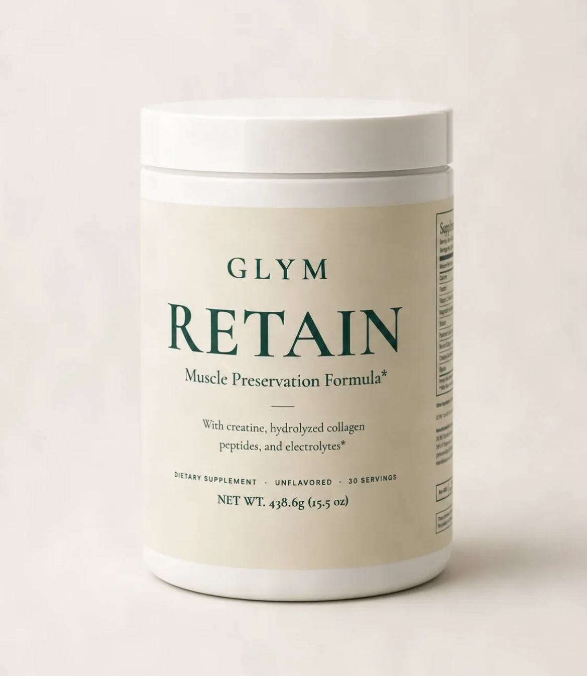 White container of Glym Retain muscle preservation formula with unflavored label