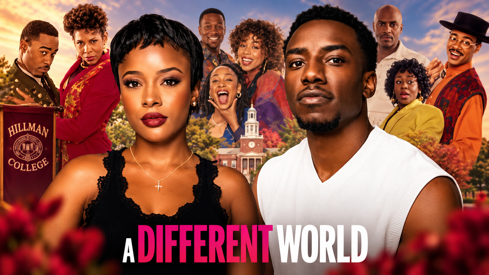 Cast members of "A Different World" posed against a college backdrop with flowers.