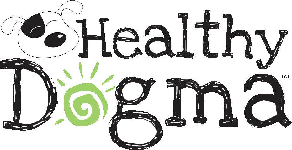 Logo of Healthy Dogma featuring a playful dog and green swirl design