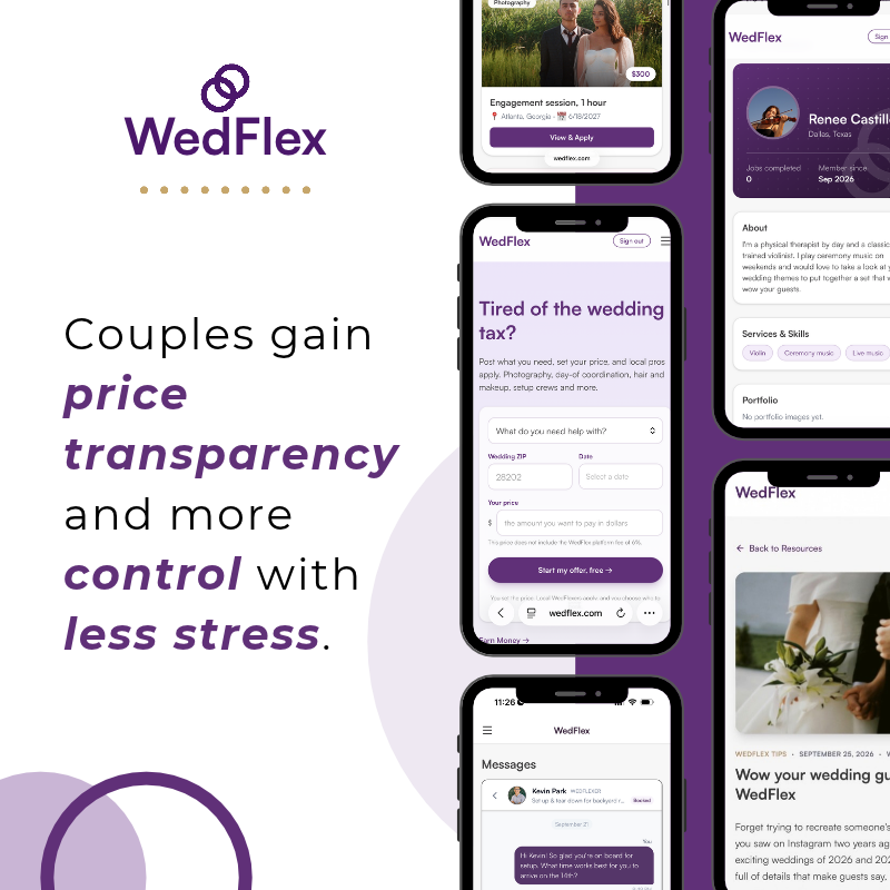 Mobile app interface promoting wedding planning services for couples seeking transparency and control