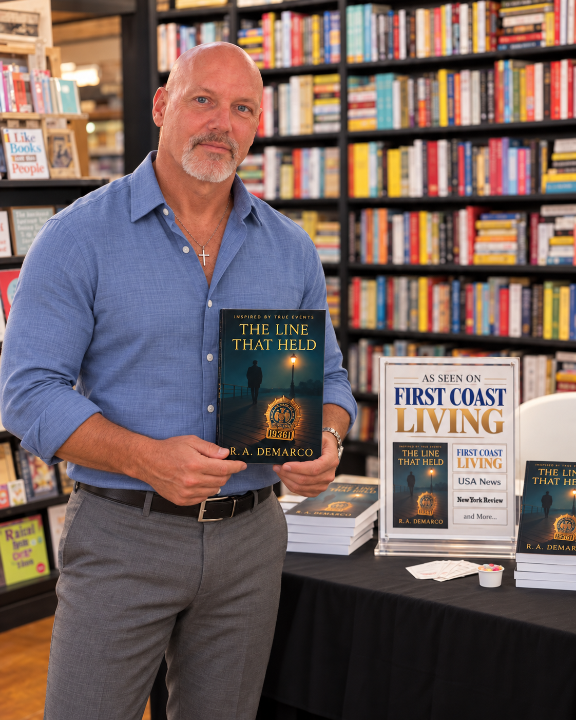 Author holding his book at a signing event in a bookstore setting