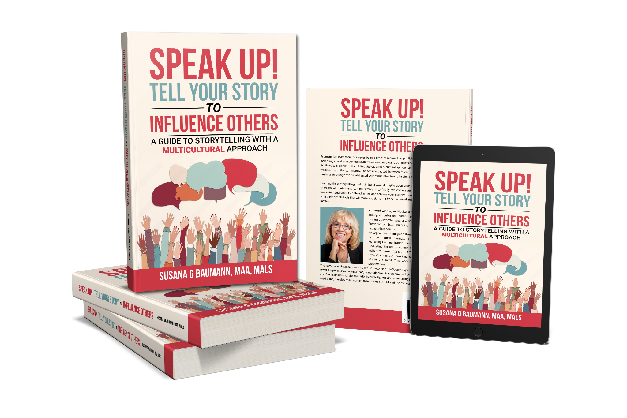 Book cover and mock-ups for "Speak Up! Tell Your Story to Influence Others"