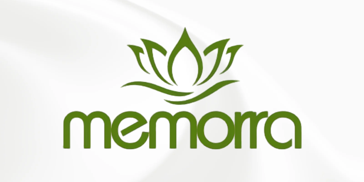 Logo of Memorra featuring a green lotus flower design and stylized text