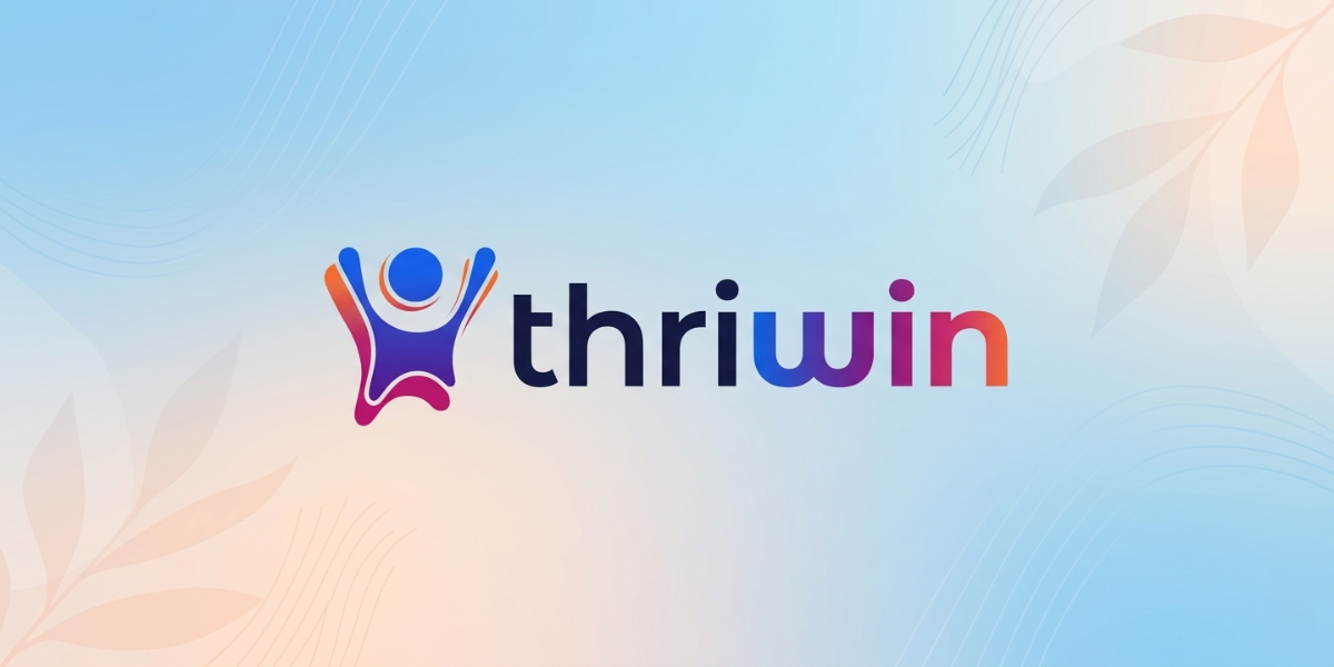 Thriwin logo with colorful human figure icon and gradient text on a soft blue background.