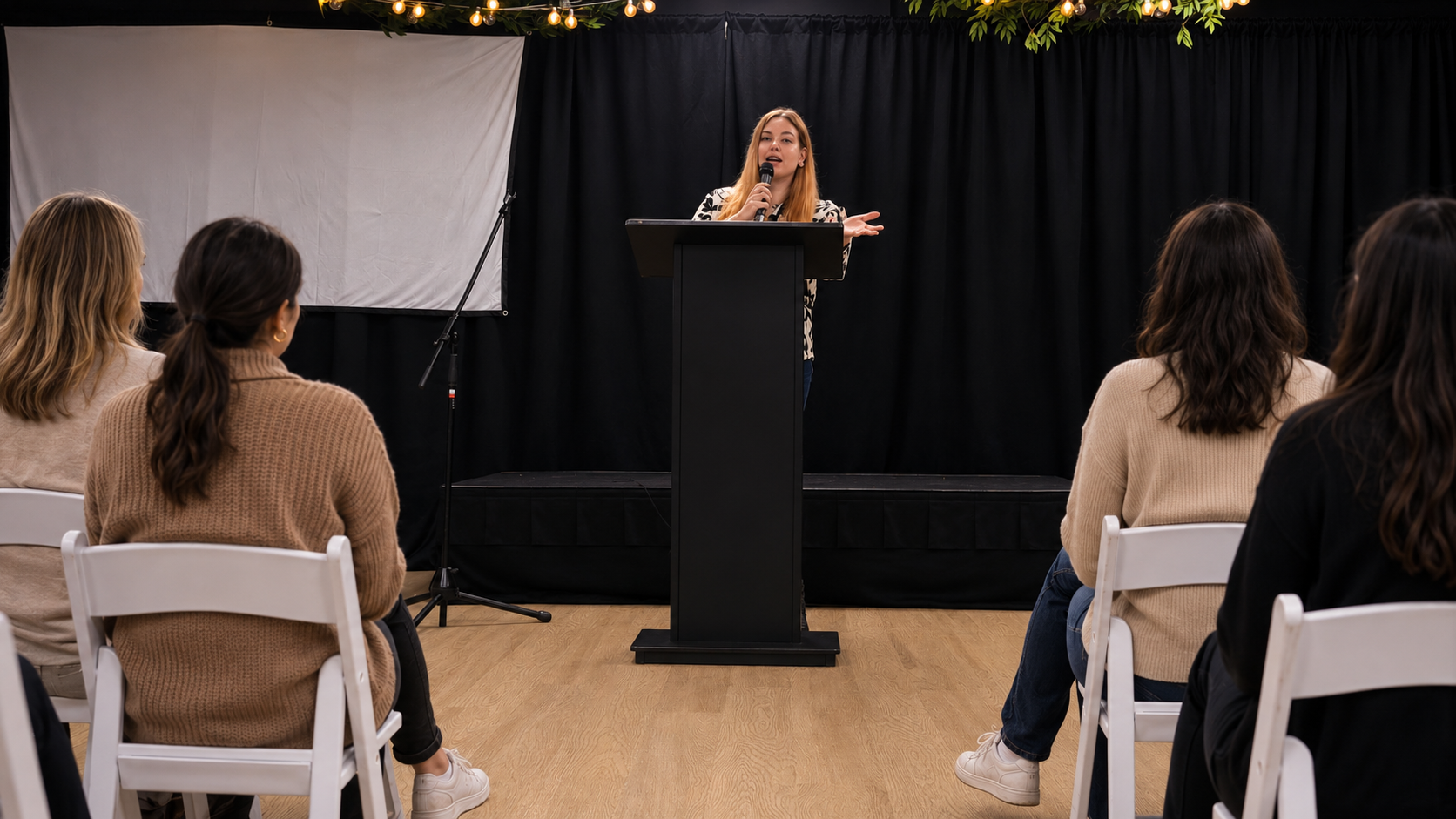 Woman speaking at a podium during a women’s empowerment or storytelling event.