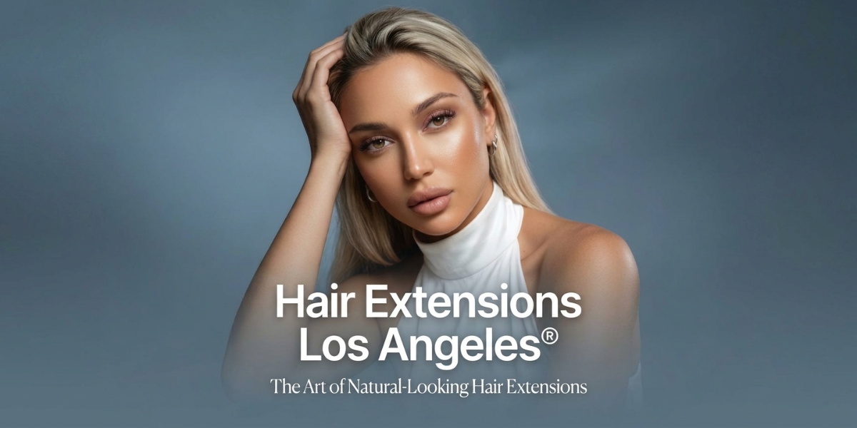 Blonde woman with long straight hair showcasing seamless natural-looking hair extensions in a professional beauty portrait.