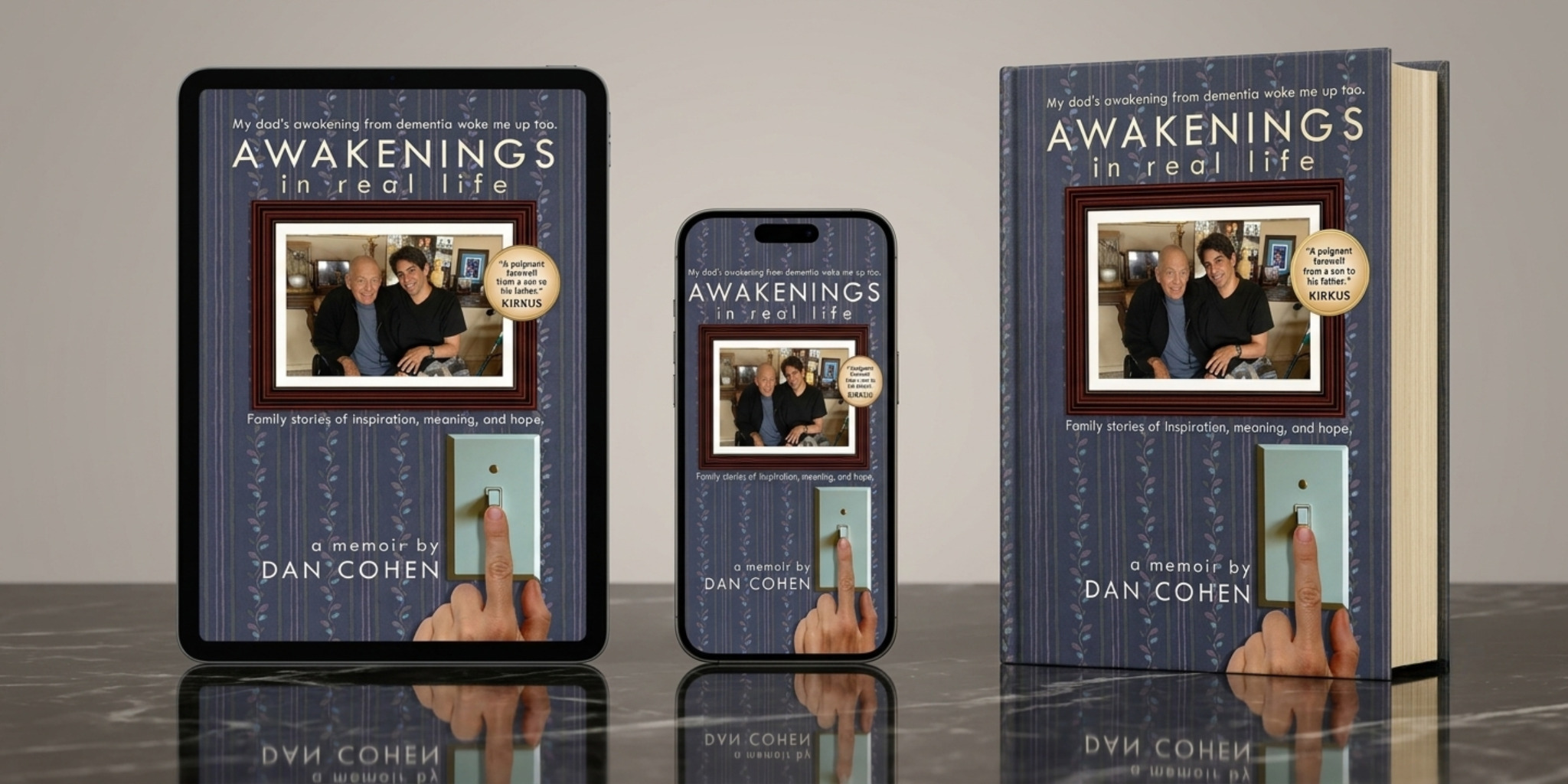 Awakenings In Real Life memoir displayed in print, tablet, and smartphone formats.