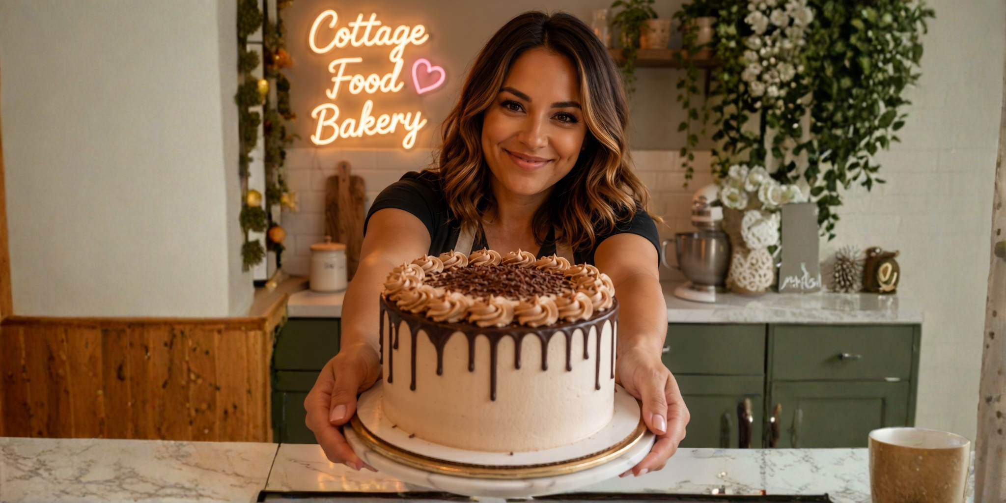 Woman presenting a chocolate drip cake inside Cottage Food Bakery kitchen.