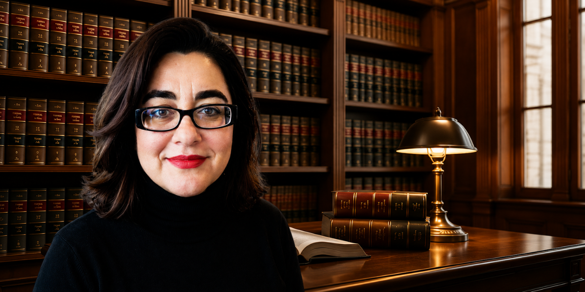 Shadan Kapri, human rights attorney and author, in a law library with books and a desk lamp.