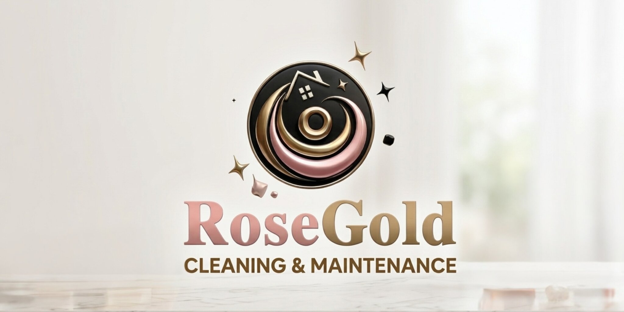 RoseGold Cleaning & Maintenance logo with gold and pink branding on a clean white background.