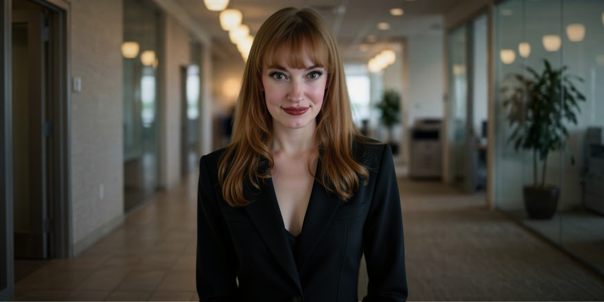 Professional woman with red hair standing confidently in a modern office hallway.